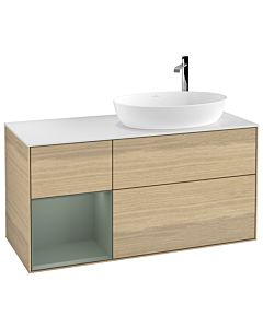 Villeroy und Boch Finion Waschtischunterschrank F921GMPC 120cm, Abdeckplatte white matt, Regale Olive matt lacquer, Oak Veneer