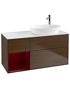 Villeroy und Boch Finion Waschtischunterschrank F921HBGN 120cm, Abdeckplatte white matt, Regale Peony matt lacquer, Walnut veneer