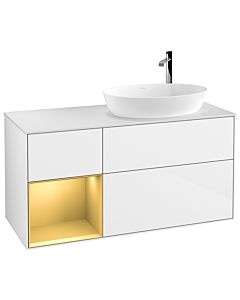 Villeroy und Boch Finion Waschtischunterschrank F921HFGF 120cm, Abdeckplatte white matt, Regale Gold matt lacquer, Glossy white lacquer