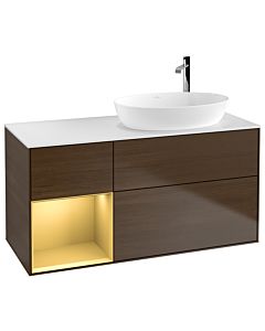 Villeroy und Boch Finion Waschtischunterschrank F921HFGN 120cm, Abdeckplatte white matt, Regale Gold matt lacquer, Walnut veneer