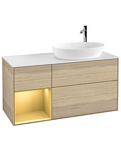 Villeroy und Boch Finion Waschtischunterschrank F921HFPC 120cm, Abdeckplatte white matt, Regale Gold matt lacquer, Oak Veneer