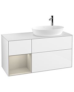 Villeroy und Boch Finion Waschtischunterschrank F921HHGF 120cm, Abdeckplatte white matt, Regale sand matt lacquer, Glossy white lacquer