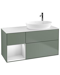 Villeroy und Boch Finion Waschtischunterschrank F921MTGM 120cm, Abdeckplatte white matt, Regale White matt lacquer, Olive Matt Lacquer