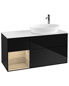 Villeroy und Boch Finion Waschtischunterschrank F921PCPH 120cm, Abdeckplatte white matt, Regale Oak Veneer, Glossy Black Lacquer