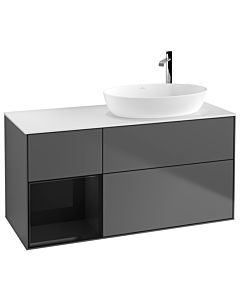Villeroy und Boch Finion Waschtischunterschrank F921PHGK 120cm, Abdeckplatte white matt, Regale Glossy black lacquer, Anthracite matt