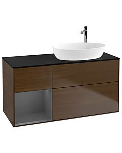 Villeroy und Boch Finion Waschtischunterschrank F922GKGN 120cm, Abdeckplatte black matt, Regale Anthracite matt lacquer, Walnut veneer