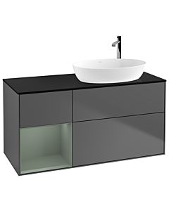 Villeroy und Boch Finion Waschtischunterschrank F922GMGK 120cm, Abdeckplatte black matt, Regale Olive matt lacquer, Anthracite matt