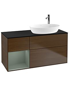 Villeroy und Boch Finion Waschtischunterschrank F922GMGN 120cm, Abdeckplatte black matt, Regale Olive matt lacquer, Walnut veneer