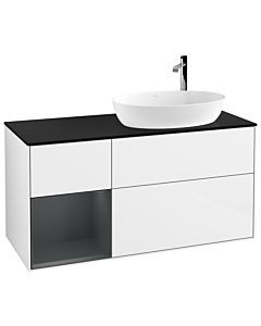 Villeroy und Boch Finion Waschtischunterschrank F922HGGF 120cm, Abdeckplatte black matt, Regale Midnight matt lacquer, Glossy white lacquer
