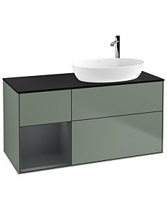 Villeroy und Boch Finion Waschtischunterschrank F922HGGM 120cm, Abdeckplatte black matt, Regale Midnight matt lacquer, Olive Matt Lacquer