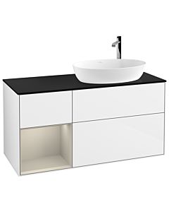 Villeroy und Boch Finion Waschtischunterschrank F922HHGF 120cm, Abdeckplatte black matt, Regale sand matt lacquer, Glossy white lacquer