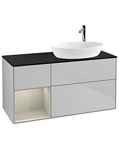 Villeroy und Boch Finion Waschtischunterschrank F922HHGJ 120cm, Abdeckplatte black matt, Regale sand matt lacquer, Light grey matt