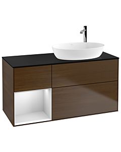Villeroy und Boch Finion Waschtischunterschrank F922MTGN 120cm, Abdeckplatte black matt, Regale White matt lacquer, Walnut veneer