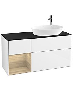 Villeroy und Boch Finion Waschtischunterschrank F922PCGF 120cm, Abdeckplatte black matt, Regale Oak Veneer, Glossy white lacquer