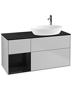 Villeroy und Boch Finion Waschtischunterschrank F922PHGJ 120cm, Abdeckplatte black matt, Regale Glossy black lacquer, Light grey matt