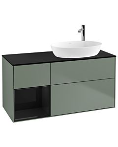 Villeroy und Boch Finion F922PHGM 120cm, plaque de recouvrement noire mate, étagères en laque noire brillante, Olive Matt Lacquer
