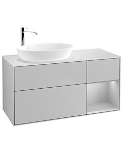 Villeroy und Boch Finion Villeroy und Boch F931GJGJ 120cm, plaque de recouvrement blanc mat, étagères laqué gris clair mat, gris clair mat