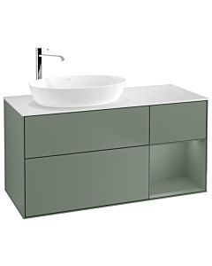 Villeroy und Boch Finion Villeroy und Boch F931GMGM 120cm, plaque de finition blanc mat, étagères olive laqué mat, Olive Matt Lacquer