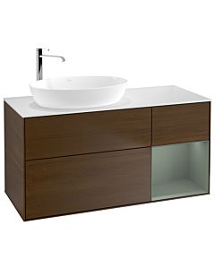 Villeroy und Boch Finion Waschtischunterschrank F931GMGN 120cm, Abdeckplatte white matt, Regale Olive matt lacquer, Walnut veneer