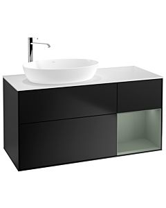 Villeroy und Boch Finion Villeroy und Boch F931GMPD 120cm, plaque de recouvrement blanc mat, étagères laqué olive mat, laqué noir mat