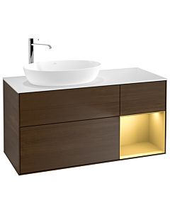 Villeroy und Boch Finion Villeroy und Boch F931HFGN 120cm, plaque de recouvrement blanc mat, étagères laqué or mat, placage noyer