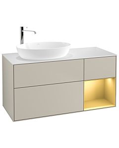 Villeroy und Boch Finion Villeroy und Boch F931HFHH 120cm, plaque de recouvrement blanc mat, étagères laqué mat or, Sand Matt Lacquer