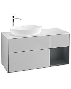 Villeroy und Boch Finion Waschtischunterschrank F931HGGJ 120cm, Abdeckplatte white matt, Regale Midnight matt lacquer, Light grey matt