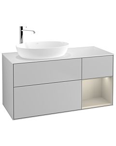 Villeroy und Boch Finion Villeroy und Boch F931HHGJ 120cm, plaque de recouvrement blanc mat, étagères laqué sable mat, gris clair mat