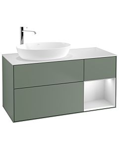 Villeroy und Boch Finion Villeroy und Boch F931MTGM 120cm, plaque de recouvrement blanc mat, étagères laqué blanc mat, Olive Matt Lacquer