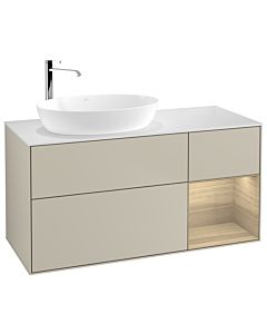 Villeroy und Boch Finion Waschtischunterschrank F931PCHH 120cm, Abdeckplatte white matt, Regale Oak Veneer, Sand Matt Lacquer