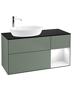 Villeroy und Boch Finion Waschtischunterschrank F932GFGM 120cm, Abdeckplatte black matt, Regale Glossy white lacquer, Olive Matt Lacquer