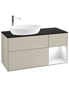Villeroy und Boch Finion Waschtischunterschrank F932GFHH 120cm, Abdeckplatte black matt, Regale Glossy white lacquer, Sand Matt Lacquer