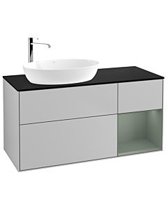 Villeroy und Boch Finion Waschtischunterschrank F932GMGJ 120cm, Abdeckplatte black matt, Regale Olive matt lacquer, Light grey matt