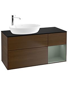 Villeroy und Boch Finion Waschtischunterschrank F932GMGN 120cm, Abdeckplatte black matt, Regale Olive matt lacquer, Walnut veneer