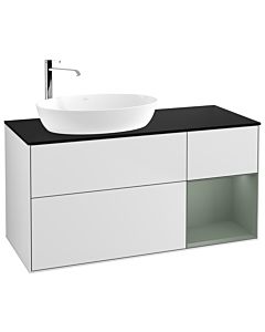 Villeroy und Boch Finion Villeroy und Boch F932GMMT 120cm, plaque de recouvrement noir mat, étagères laqué olive mat, laqué blanc mat