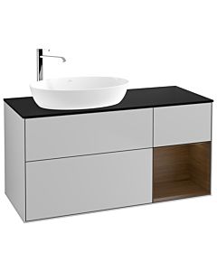 Villeroy und Boch Finion Waschtischunterschrank F932GNGJ 120cm, Abdeckplatte black matt, Regale Walnut Veneer, Light grey matt