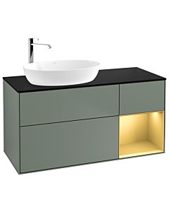 Villeroy und Boch Finion Waschtischunterschrank F932HFGM 120cm, Abdeckplatte black matt, Regale Gold matt lacquer, Olive Matt Lacquer