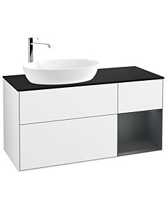 Villeroy und Boch Finion Waschtischunterschrank F932HGGF 120cm, Abdeckplatte black matt, Regale Midnight matt lacquer, Glossy white lacquer