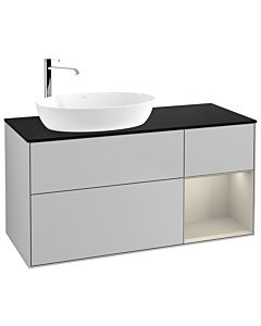 Villeroy und Boch Finion Waschtischunterschrank F932HHGJ 120cm, Abdeckplatte black matt, Regale sand matt lacquer, Light grey matt