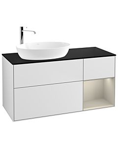 Villeroy und Boch Finion Waschtischunterschrank F932HHMT 120cm, Abdeckplatte black matt, Regale sand matt lacquer, White matt lacquer