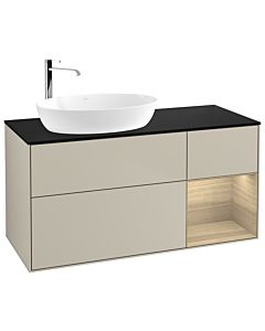 Villeroy und Boch Finion Waschtischunterschrank F932PCHH 120cm, Abdeckplatte black matt, Regale Oak Veneer, Sand Matt Lacquer