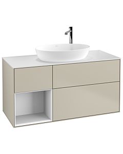 Villeroy und Boch Finion Villeroy und Boch F941GFHH 120cm, plaque de finition blanc mat, étagères laqué blanc brillant, Sand Matt Lacquer