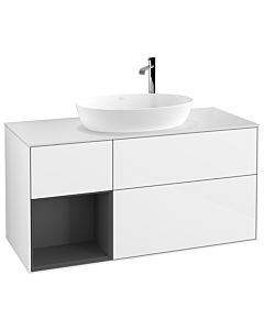 Villeroy und Boch Finion Waschtischunterschrank F941GKGF 120cm, Abdeckplatte white matt, Regale Anthracite matt lacquer, Glossy white lacquer