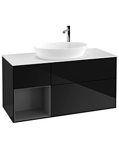 Villeroy und Boch Finion Waschtischunterschrank F941GKPH 120cm, Abdeckplatte white matt, Regale Anthracite matt lacquer, Glossy Black Lacquer