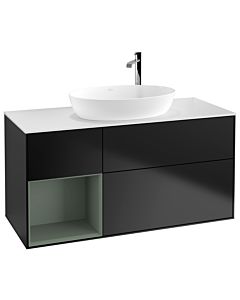 Villeroy und Boch Finion Villeroy und Boch F941GMPD 120cm, plaque de recouvrement blanc mat, étagères laqué olive mat, laqué noir mat