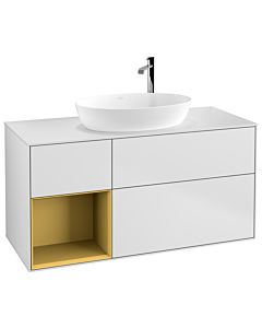 Villeroy und Boch Finion Waschtischunterschrank F941HFMT 120cm, Abdeckplatte white matt, Regale Gold matt lacquer, White matt lacquer