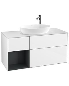 Villeroy und Boch Finion Waschtischunterschrank F941HGGF 120cm, Abdeckplatte white matt, Regale Midnight matt lacquer, Glossy white lacquer