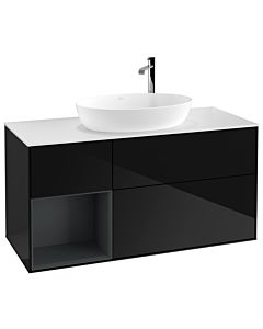 Villeroy und Boch Finion Waschtischunterschrank F941HGPH 120cm, Abdeckplatte white matt, Regale Midnight matt lacquer, Glossy Black Lacquer