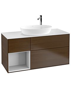 Villeroy und Boch Finion Waschtischunterschrank F941MTGN 120cm, Abdeckplatte white matt, Regale White matt lacquer, Walnut veneer