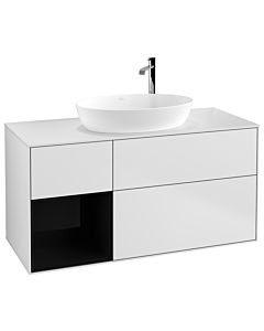 Villeroy und Boch Finion Waschtischunterschrank F941PHMT 120cm, Abdeckplatte white matt, Regale Glossy black lacquer, White matt lacquer